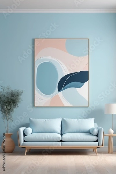 Obraz Minimalist building with soft blue sofa, abstract art, and plants for a peaceful ambiance.