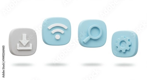 Fototapeta Pastel App Icons: Download, WiFi, Search, and Settings on White.