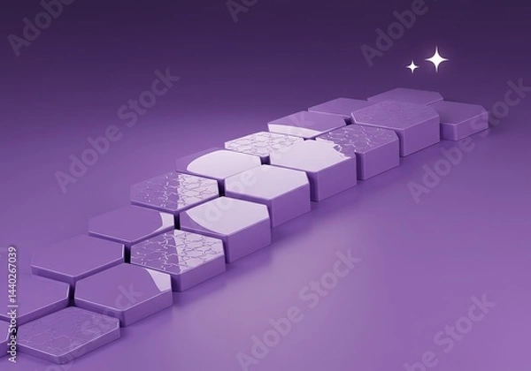 Fototapeta Abstract Ascending Hexagonal Purple Steps with Shiny Accents on a Plain Backdrop