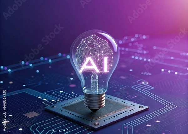 Obraz Glowing Lightbulb with AI Text on Microchip Against Purple Background, Futuristic Tech