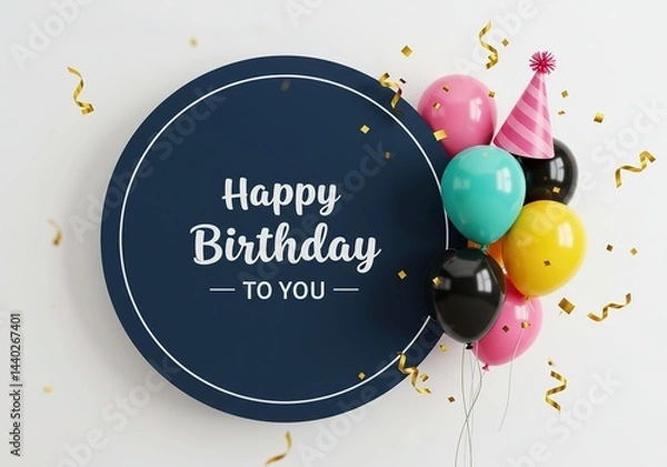 Obraz Party Balloons with Confetti and Striped Party Hat against Minimal Navy Happy Sign