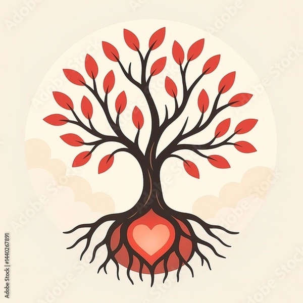 Obraz Round with Heart Root Tree and Red Leaves in Flat Design isolated on Cream