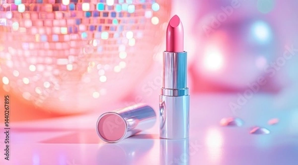 Obraz A pink lipstick in the foreground, next to it is an open lip balm tube with light-colored shades 