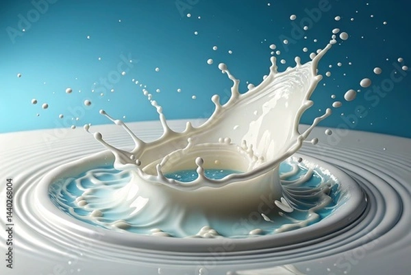 Obraz Milk Splashes Upward, Forming Crown Shape With Droplets, Creamy White Liquid Against Blue