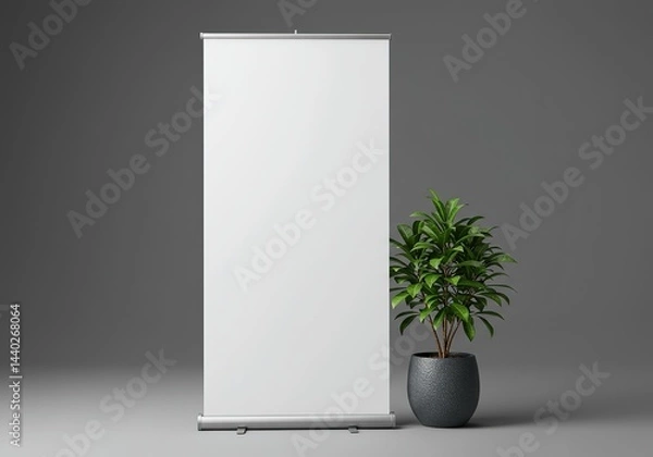 Fototapeta Empty RollUp Banner Stand Display With Potted Plant Against a Solid Gray Background