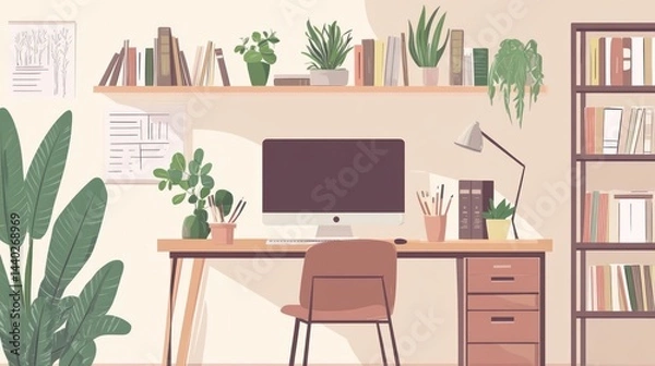 Fototapeta Home office, plants, books, computer, work