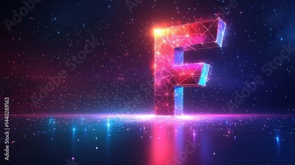 Fototapeta 3D rendered capital letter F with glowing, colorful, polygonal, abstract design.