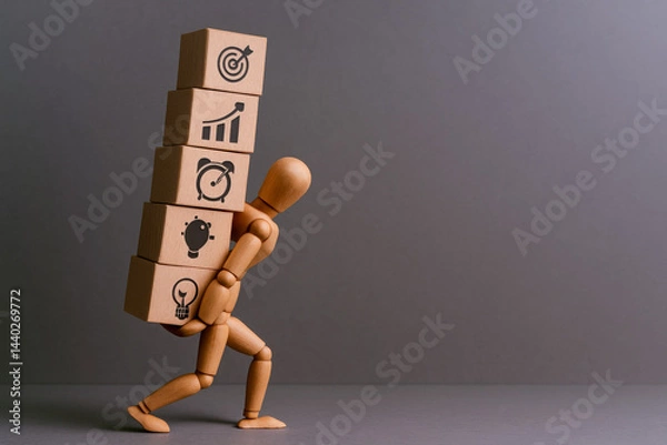 Fototapeta Conceptual wooden figures carry blocks symbolizing concepts like pressure and judgment in creative business metaphor for stress and responsibility
