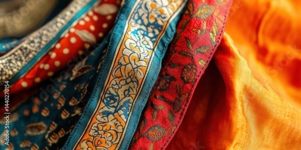 Fototapeta Closeup macro of traditional Kashmir textile fabric, showcasing intricate patterns, fine embroidery and rich texture of handcrafted wool and silk weaving