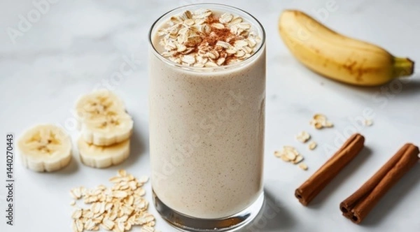 Obraz A tall glass of banana and cinnamon smoothie, garnished with coconut milk, whole rolled oats 