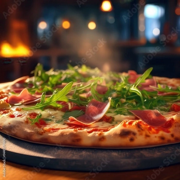 Obraz Artisan pizza topped with prosciutto, arugula, and shaved parmesan on a dark slate board in a cozy setting