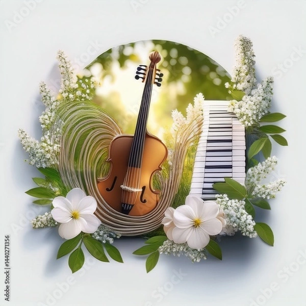 Obraz Spring melodies illustrated with a violin and piano among flowers in a serene setting