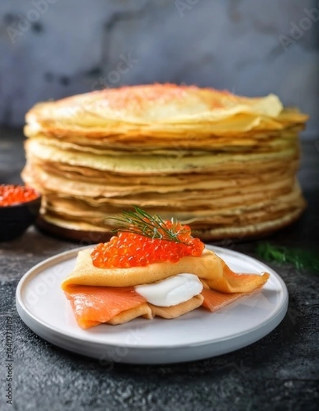Obraz Savory stack of thin crepes with caviar and salted fish garnished with herbs in an elegant setting