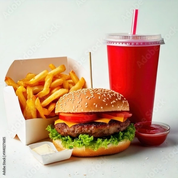 Obraz Delicious burger with melted cheese, crispy fries, and a refreshing drink in a casual dining setting