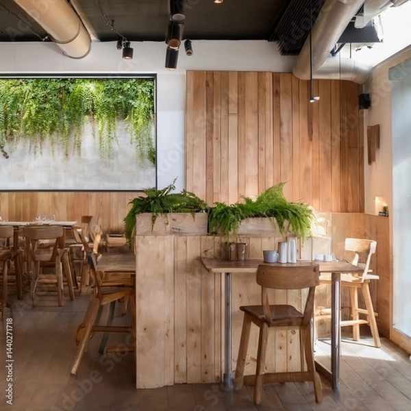 Obraz Wood-plank cafe featuring biophilic design with natural greenery highlighting a warm atmosphere