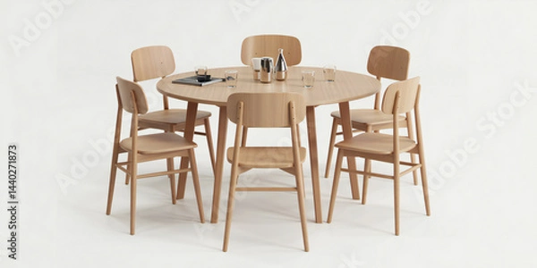 Fototapeta Modern Light Wood Dining Table Set with Six Chairs and Minimalist Decor