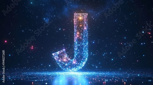 Fototapeta Abstract digital letter J, glowing with network connections on a glittery surface.