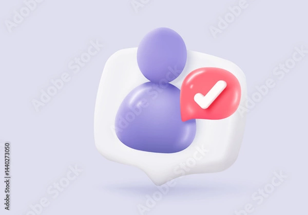 Fototapeta 3d user profile icon or social avatar signs and business communication staff person. Identity verification success with checkmark. 3d round account manager button icon vector render illustration