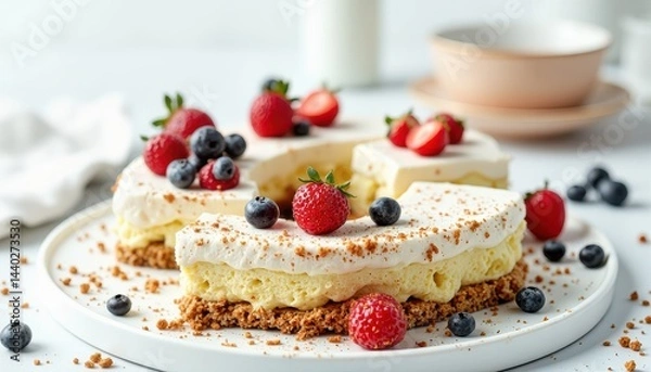 Fototapeta Delicious creamy cake with berries kitchen food photography bright top-down view culinary delight