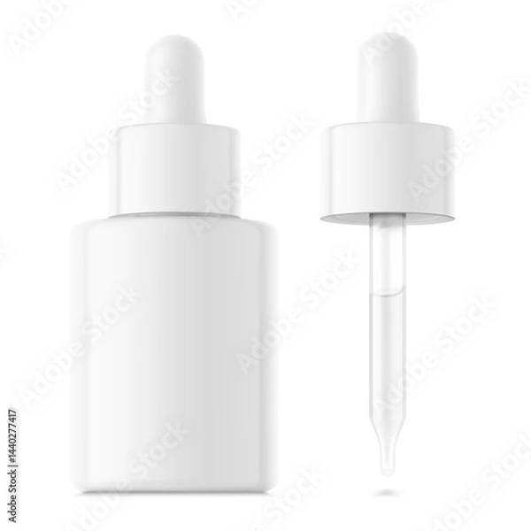 Fototapeta Open dropper bottle with pipette mockup. Vector illustration isolated on white background. Front view. Сan be used for cosmetic, medical and other needs. EPS10.
