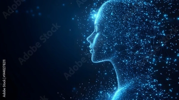 Fototapeta Futuristic representation of a human head as a glowing blue network. Symbolizes AI, neural connections, and digital consciousness within a deep blue gradient backdrop. Abstract wireframe in dark blue.
