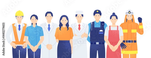 Obraz 作業着・白衣・防火服など多彩なユニフォームを着た男女。シンプルでカラフルな職業別イラスト素材セット。