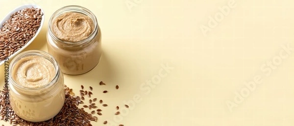 Fototapeta Creamy flaxseed butter in two jars with scattered flaxseeds on light yellow background creates wholesome and nutritious scene. This highlights rich texture and natural ingredients