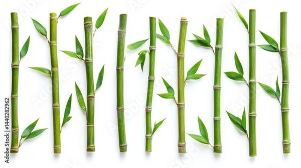 Fototapeta Aesthetic arrangement of verdant bamboo stalks and leaves on a pristine white backdrop