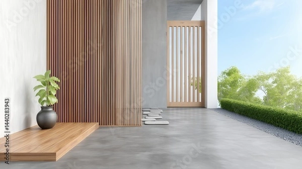 Fototapeta 3D rendered modern minimalist home entrance wall with wood slats and concrete floor, terrace background on sunny day. Bright daylight with blue sky, garden landscape with green hedges, indoor plant po