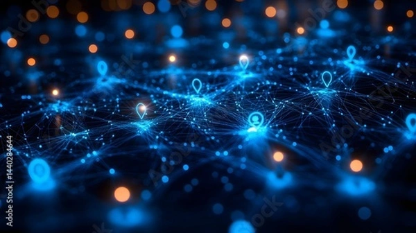 Fototapeta Futuristic network illustration, conveying global connectivity and data flow. Blue lines and location pins suggest digital mapping and communication. Abstract wireframe in dark blue.
