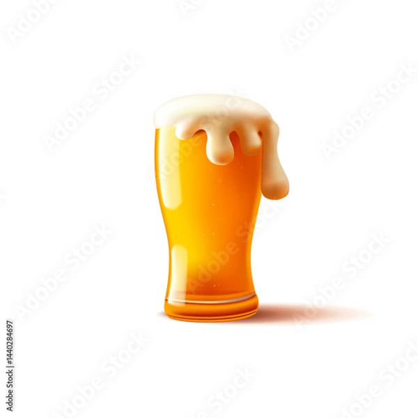 Obraz 3D mug of golden foamy beer in a glass. Refreshing, thirst-quenching alcoholic drink on a white background. Vector illustration.