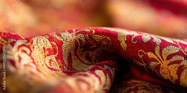 Fototapeta Closeup macro of traditional Kashmir textile fabric, showcasing intricate patterns, fine embroidery and rich texture of handcrafted wool and silk weaving