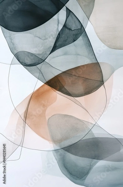 Obraz Watercolor abstract organic shapes, with thin black line sketches on top, against a white background
