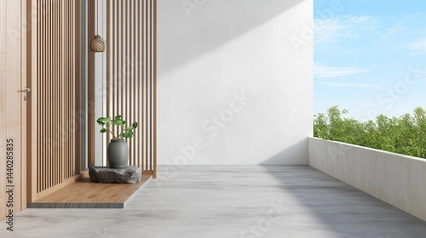 Fototapeta 3D rendered modern minimalist home entrance wall with wood slats and concrete floor, terrace background on sunny day. Bright daylight with blue sky, garden landscape with green hedges, indoor plant po