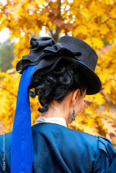 Fototapeta Black cylinder hat with blue ribbon and black bow (backsword view). Victorian fashion attributes, abstract, close-up. Retro lady, vintage walking outfit in blue color. Glossy deep blue satin jacket. 