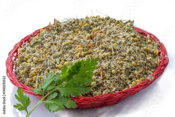 Fototapeta Dried herbs and spices in a woven basket display