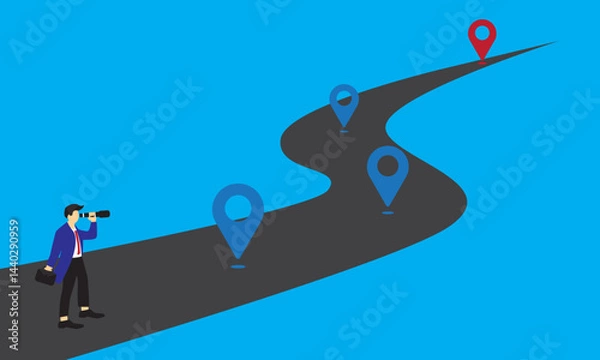 Fototapeta Success roadmap journey, milestone or career path achievement, route or pathway to achieve goals, accomplishment, assessment or way to success, businessman look at achievement milestone to success