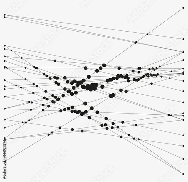 Fototapeta Group of intersecting lines with circles on crossings. Complex algorithmic composition. Geometric sketch. Modern abstract vector illustration. Contemporary decorative background. Element of design.