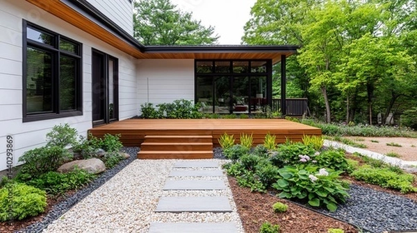 Obraz Tranquil japanese garden deck home exterior landscape design natural environment eye-level view serenity concept