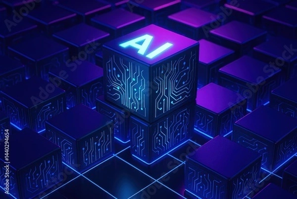 Obraz Cube Grid with Glowing AI Text, Circuit Board Patterns in Blue and Purple Lighting