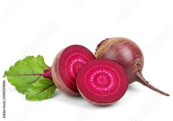 Obraz Fresh Whole and Sliced Beetroot with Leaves on White Background. Studio Shot