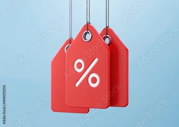 Obraz Red Tags with Percentage Sign Hanging by Chains on Light Blue Background, 3D Render