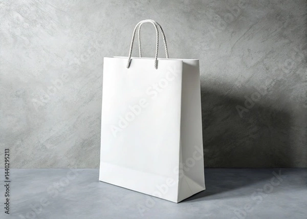 Obraz White Paper Shopping Bag with Rope Handles Standing Against a Concrete Wall