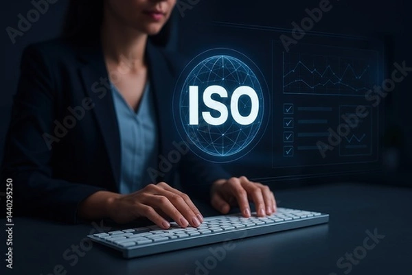 Obraz Woman Typing on Keyboard with ISO Interface and Data Chart Overlay