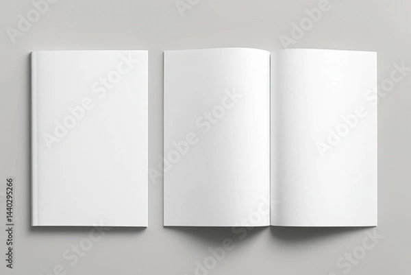 Obraz Minimalist Composition Blank White Brochure, Open & Closed, on Clean Gray Surface, Simple