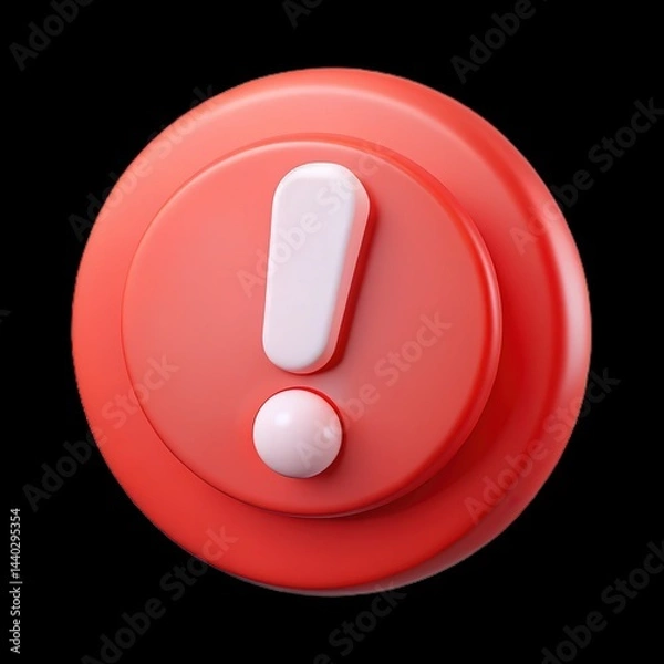 Obraz 3D Red Round Icon with White Exclamation Mark, Glossy Finish and Button on Black