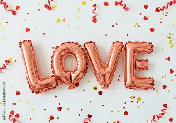 Obraz Foil LOVE Balloons with Red and Yellow Confetti and Ribbon on White Backdrop