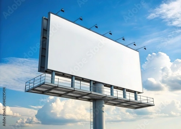 Obraz Large White Billboard Structure Against a Bright Blue Sky with Clouds, Outdoor Media