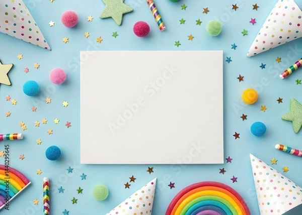 Obraz Colorful Birthday Party Hats, Rainbow, Confetti and White Blank Card on Blue Backdrop