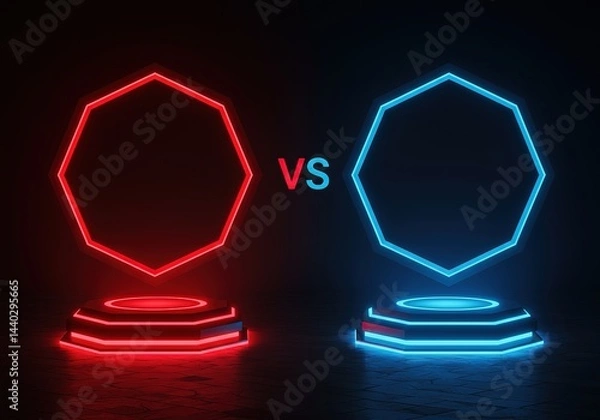 Obraz Neon Hexagon Glowing Red and Blue on Platform, Futuristic Competition Design